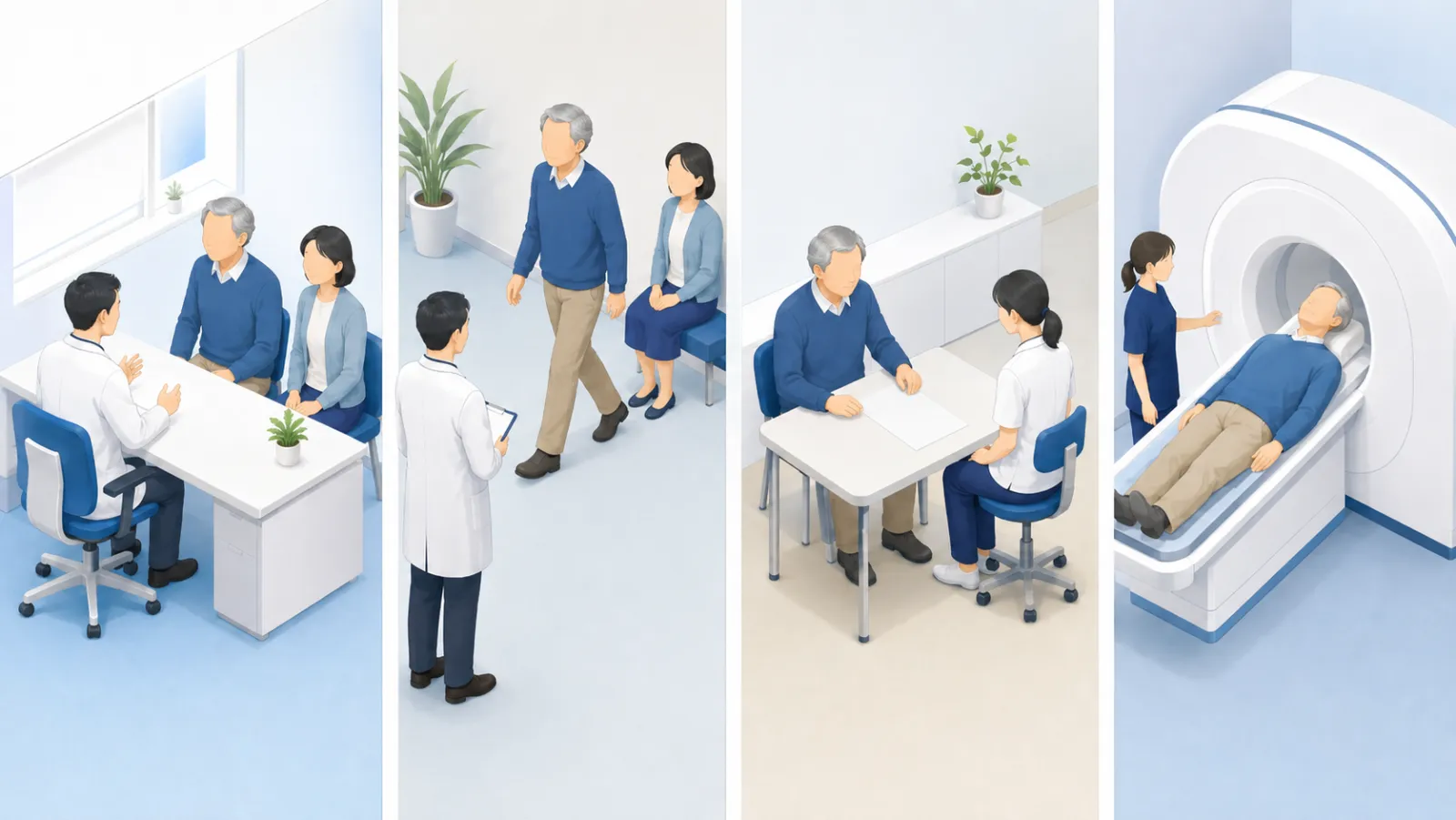 初診当日に院内で進む4つの場面を左から右に並べたイラスト。問診、歩き方の確認、机での認知機能テスト、MRI検査の順に、同じご本人が進んでいく。