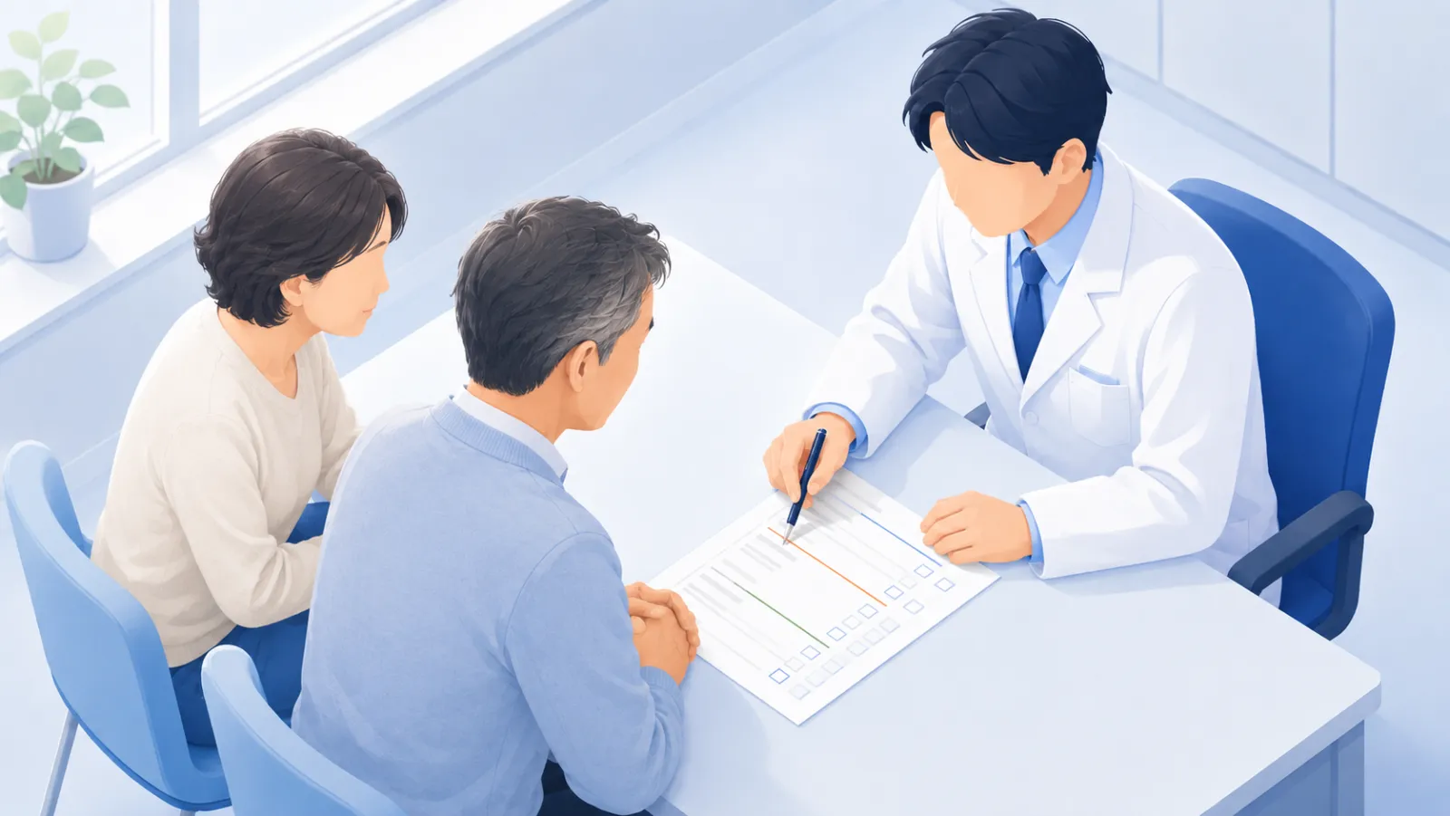 診察室で、医師が机の上の計画表をペンで指し示しながら、ご本人とご家族と一緒にこれからの生活の計画を相談しているイラスト。