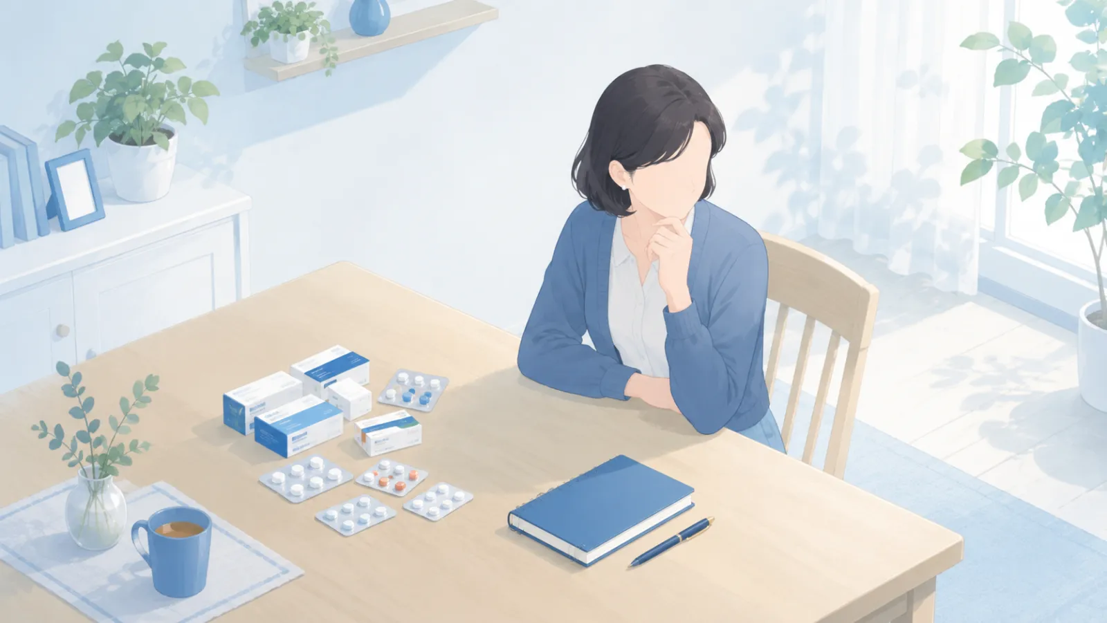 自宅のテーブルで、もともと頭痛持ちの30〜40代の女性が、たまった鎮痛薬の箱やシートを前に飲みすぎを見直そうと、頭痛ダイアリーの手帳へ手を伸ばしているイラスト。