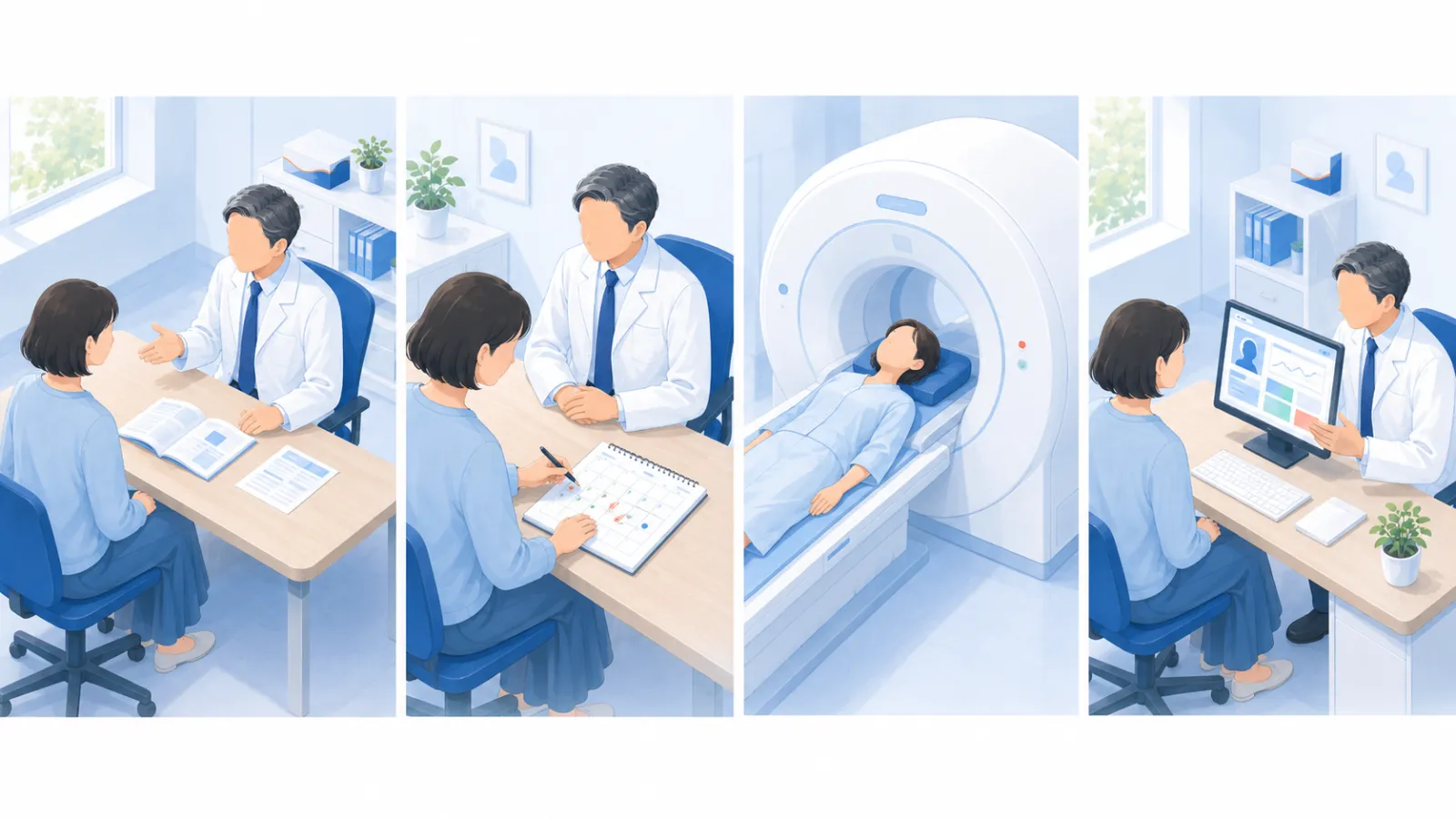 受診から診断までの4つの場面を左から右へ並べたイラスト。問診、頭痛ダイアリーへの記録、頭部MRI検査、電子カルテを見ながらの治療方針の相談の順に、同じご本人と医師が進んでいく。