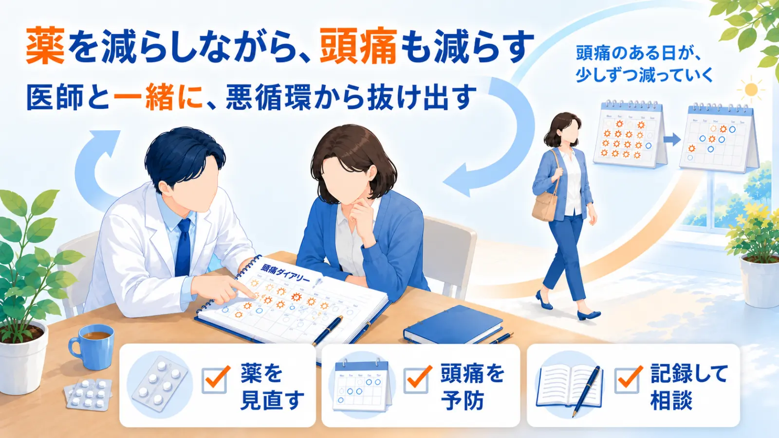 医師と患者が頭痛ダイアリーを一緒に見ながら、薬を減らしつつ頭痛そのものも減らす計画を立てているイラスト。「薬を減らしながら、頭痛も減らす」「医師と一緒に、悪循環から抜け出す」の見出しと、薬を見直す・頭痛を予防・記録して相談の3つのポイント、頭痛のある日が少しずつ減っていくカレンダーを示している。