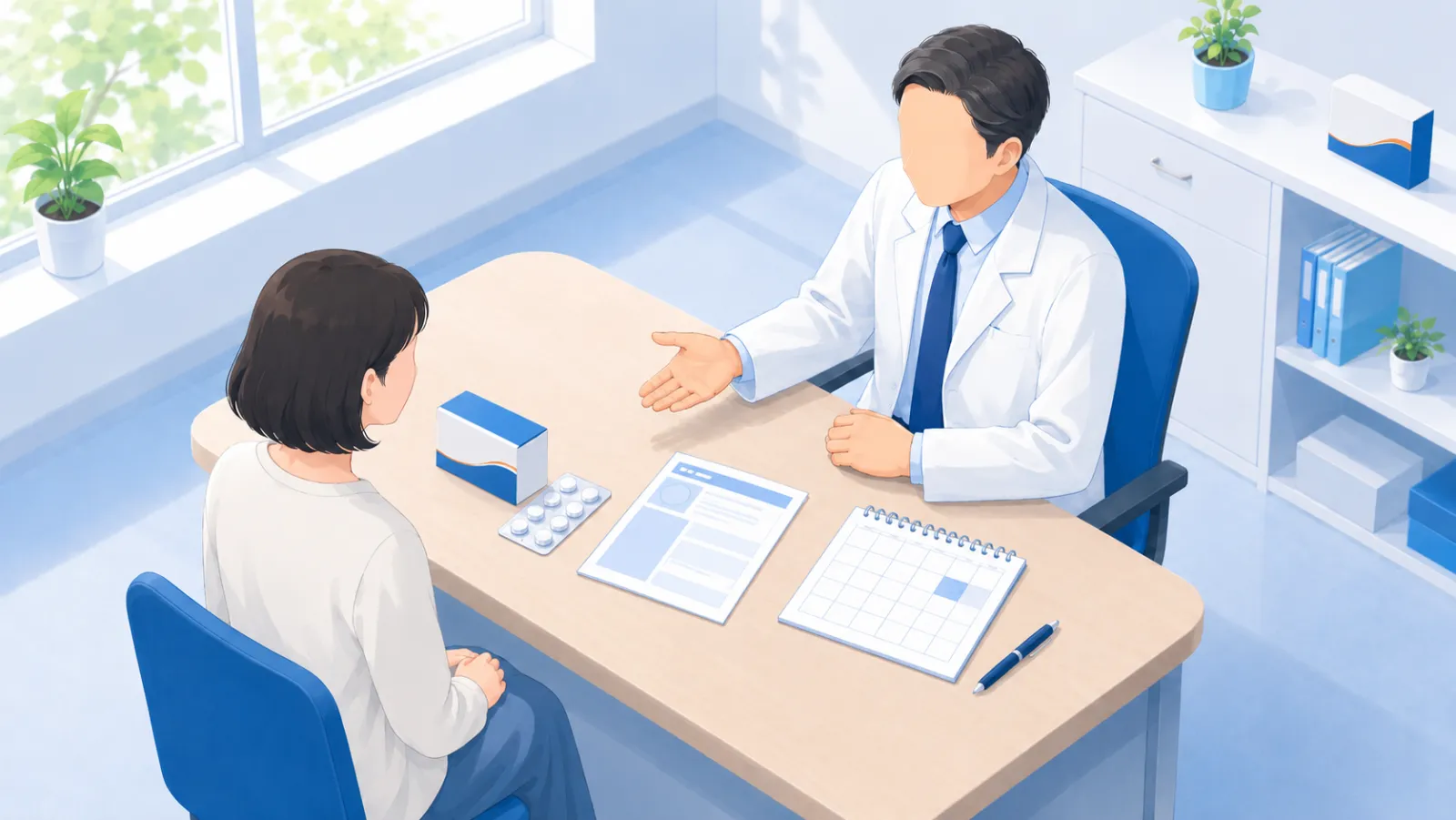 薬の使いすぎによる頭痛の治療の3本柱を1枚で示したイラスト。診察室の机に、減らしていく鎮痛薬、新しく始める予防薬、頭痛ダイアリーの3点を並べ、医師と本人が一緒に治療計画を立てている。