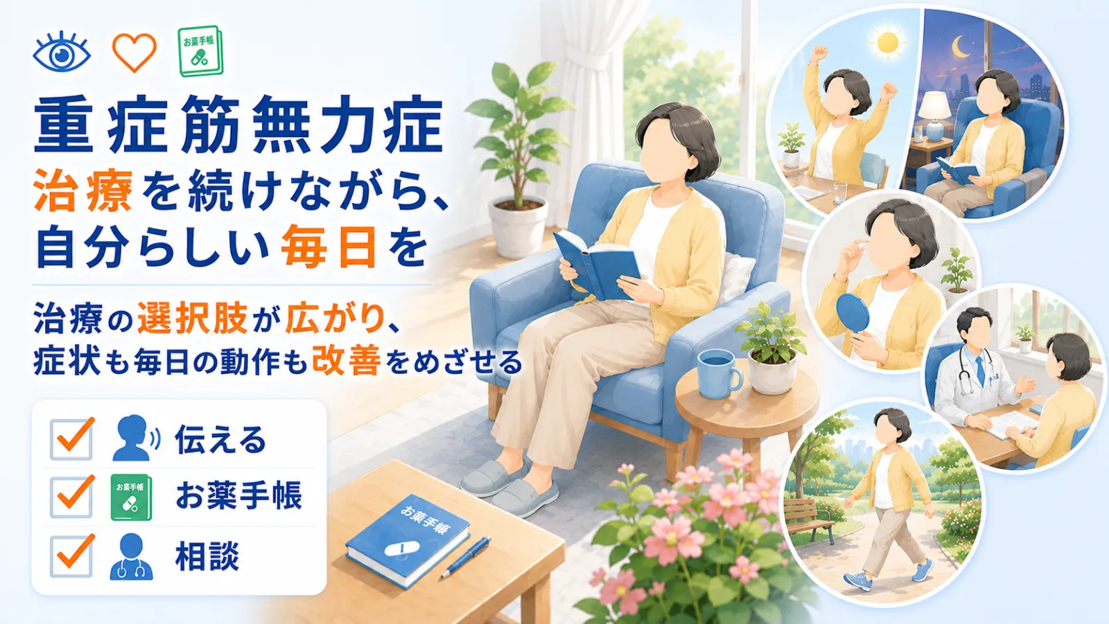 重症筋無力症のページ冒頭イラスト。「重症筋無力症 治療を続けながら、自分らしい毎日を」の見出しとともに、自宅で穏やかに過ごす患者、朝は活動的で夕方は休む日内変動、まぶたや目もとの症状への気づき、診察室での医師との相談、散歩を楽しむ安定した暮らしを描いている。治療の選択肢が広がり、症状も毎日の動作も改善をめざせること、そして『伝える・お薬手帳・相談』という日常の心がけを示す。