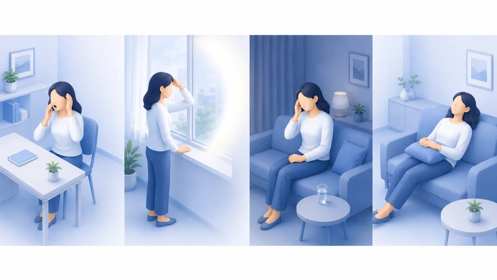 片頭痛の経過を4つの場面で左から右へ並べたイラスト。予兆期（デスクであくびが出る）、前兆期（窓辺で目元に手をかざす）、頭痛期（薄暗い部屋でこめかみを押さえて休む）、回復期（ソファにもたれてひと息つく）の順に、同じご本人が進んでいく。