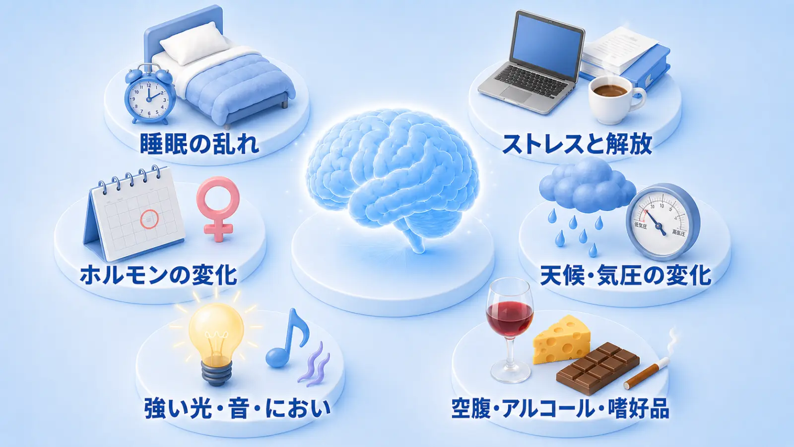 片頭痛の発作を引き起こす引き金をまとめた図。中央に脳を置き、まわりに6つの引き金をほぼ同じ大きさで配置している。睡眠の乱れ（ベッドと目覚まし時計）、ストレスと解放（ノートパソコンと書類、コーヒーカップ）、ホルモンの変化（カレンダーと女性のマーク）、天候・気圧の変化（雨雲と気圧計）、強い光・音・におい（電球・音符・においの波線）、空腹・アルコール・嗜好品（赤ワイン・チーズ・チョコレート）。引き金は複数が重なったときに発作が起きやすいことを示している。
