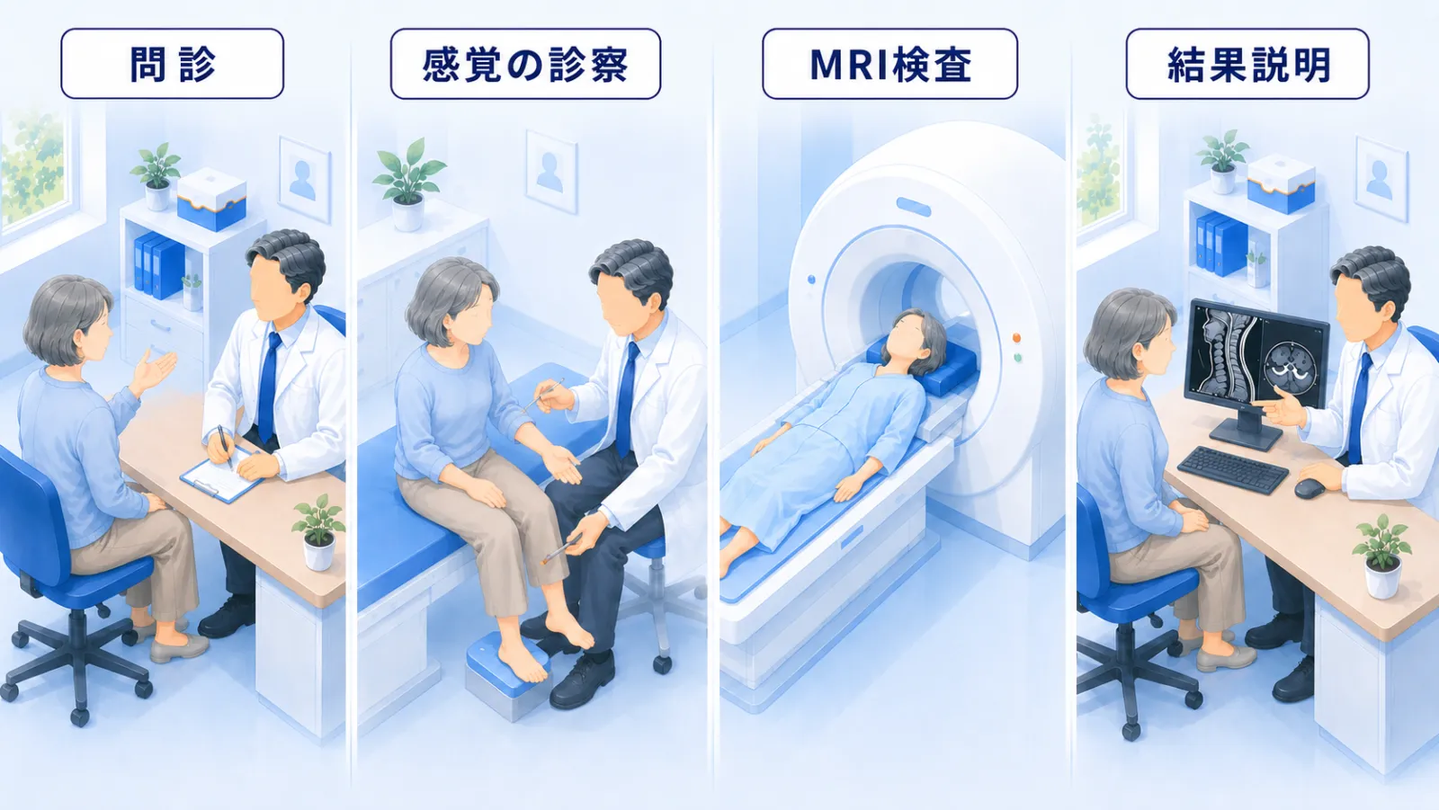 しびれの受診から診断までの流れを4場面で示したイラスト。①問診：机をはさんで医師と患者が向かい合い、いつ・どこからしびれが広がったかを聞き取る。②感覚の診察：医師が筆で患者の手足に触れ、しびれの範囲や左右差を調べる。③MRI検査：患者が検査着で寝台にあお向けに横たわり、頭側がMRI装置に入る。④結果説明：机をはさんで斜めに向かい合い、デスクトップ型モニターに背骨のMRI画像を映して医師が説明する。同じ女性患者が4場面を通して進んでいく。