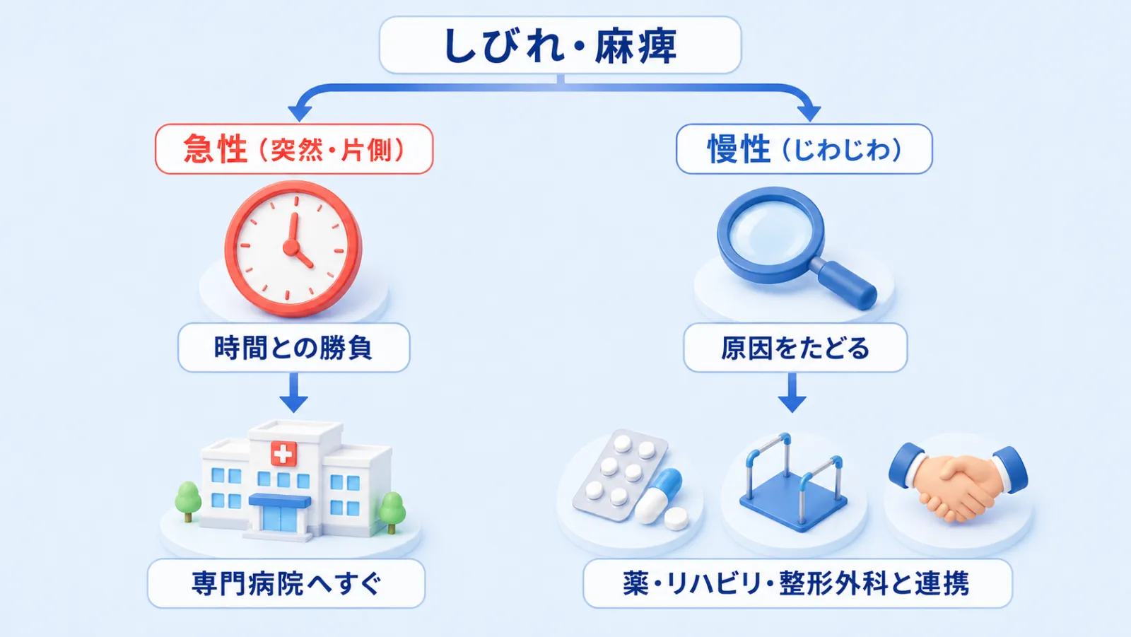 しびれ・麻痺の治療の分かれ道を示した図解。上の「しびれ・麻痺」から左右に枝分かれする。左の「急性（突然・片側）」は時計のアイコンで“時間との勝負”、矢印の先に病院の建物で“専門病院へすぐ”搬送することを表す。右の「慢性（じわじわ）」は虫めがねで“原因をたどる”、矢印の先に薬・リハビリ・握手のアイコンで“薬・リハビリ・整形外科と連携”することを表す。