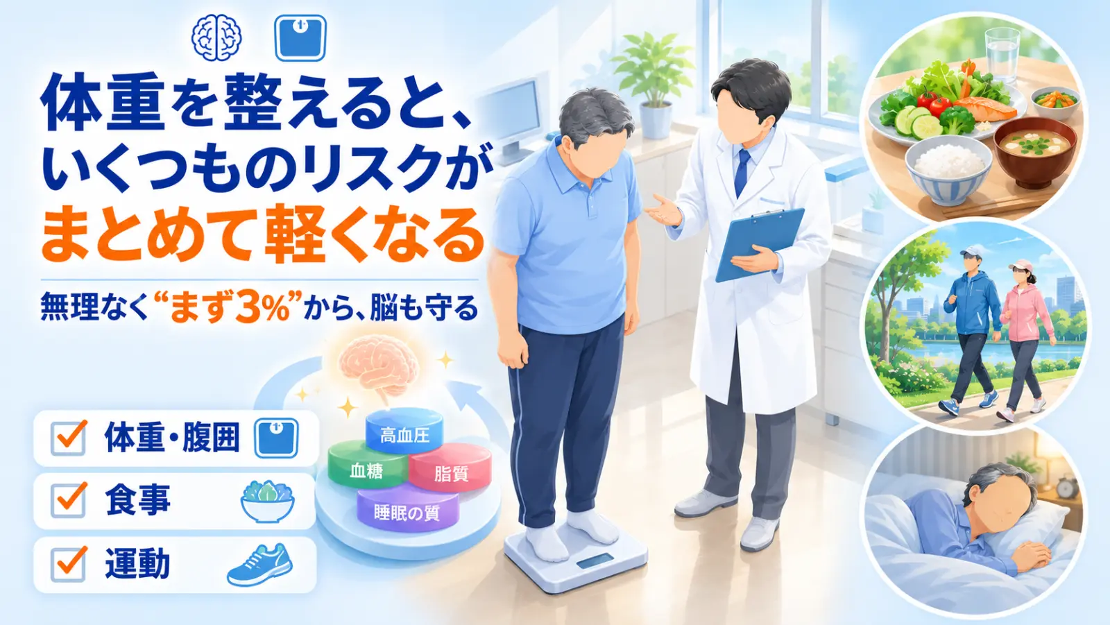 肥満・肥満症は、体重を整えると、その上に重なった高血圧・血糖・脂質・睡眠の質といった複数のリスクがまとめて軽くなり、脳も守れます。無理なく「まず3%」の減量から、体重・腹囲・食事・運動を整えることを、体重計に乗る方と寄り添う医師の場面で表しています。