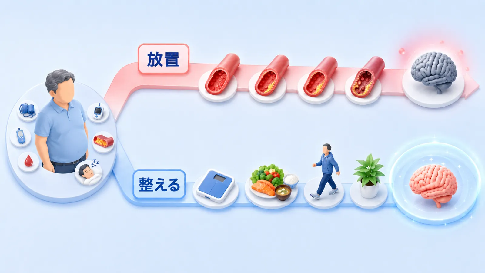 肥満に重なった生活習慣病を放置すると、動脈硬化が進んで脳卒中や認知機能低下のリスクが高まる一方、体重を整え食事・運動を見直せば複数のリスクがまとめて軽くなり脳も守られることを、時間軸に沿った「放置」と「整える」の分かれ道で示した図。