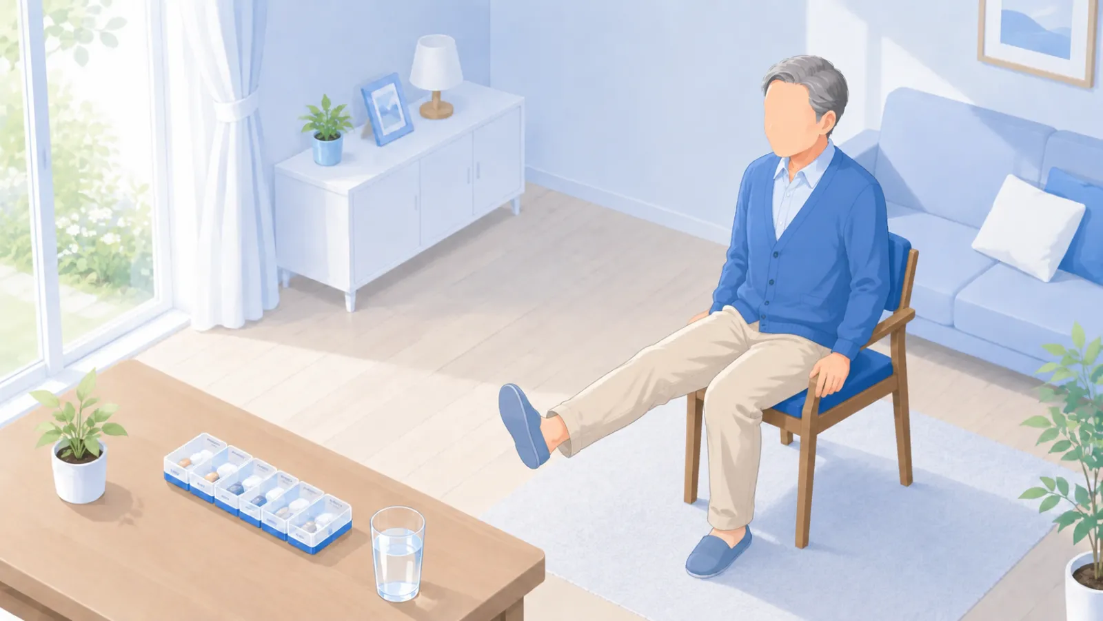 パーキンソン病の治療を表すイラスト。自宅で、曜日ごとに仕切られたお薬ケースで服薬を整えながら、椅子に座って脚を伸ばす運動・リハビリも続ける、薬と運動の両輪の暮らし。