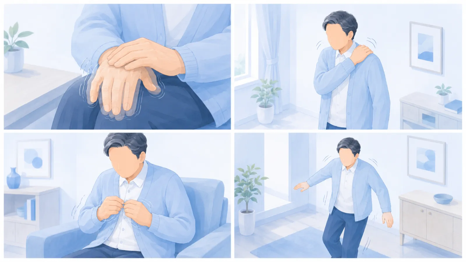 パーキンソン病の運動症状を4区画で見分けるイラスト。左上は安静時のふるえ（手元のクローズアップ）、右上は筋肉のこわばり、左下は動きの鈍さ（着替え）、右下はバランスの崩れ。