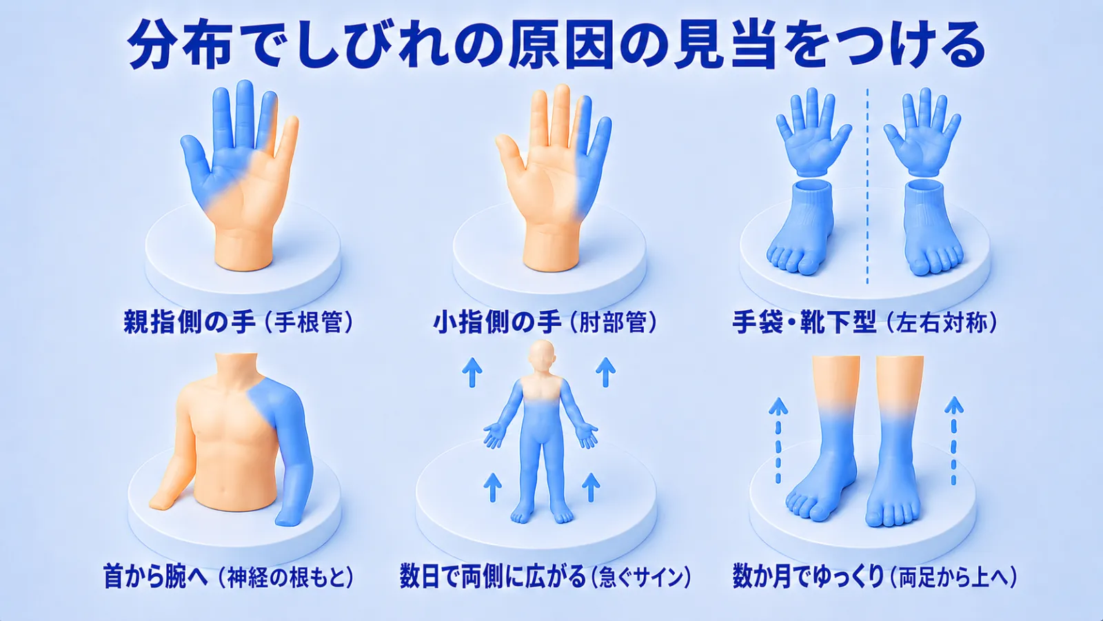 しびれの分布のパターンで原因の見当をつける6つの図。①親指側の手（手根管）：親指・人差し指・中指と薬指の親指側半分が青。②小指側の手（肘部管）：小指と薬指の小指側半分が青。③手袋・靴下型（左右対称）：両手と両足が全体に青。④首から腕へ（神経の根もと）：肩から腕・肘にかけて青で首は肌色。⑤数日で両側に広がる（急ぐサイン）：全身で両腕・両脚が青く、上向きの矢印で急速に広がる。⑥数か月でゆっくり（両足から上へ）：両足が青く、ゆっくり上へ広がる。