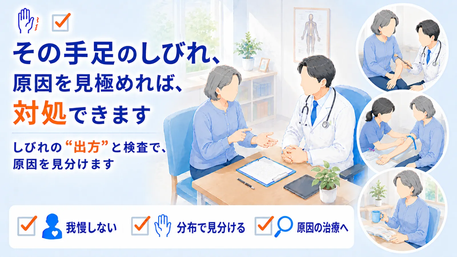 末梢神経のしびれページの冒頭イラスト。「その手足のしびれ、原因を見極めれば、対処できます」「しびれの“出方”と検査で、原因を見分けます」の見出しとともに、中央で中年女性の患者が手のひらを開いて指先を医師に見せながら相談する場面、右に医師が筆で手足の感覚を調べる診察・腕に駆血帯を巻いて採血する検査・治療を経て手で物を扱えるようになる回復の3場面を描き、我慢しない・分布で見分ける・原因の治療へ、の3つを示している。