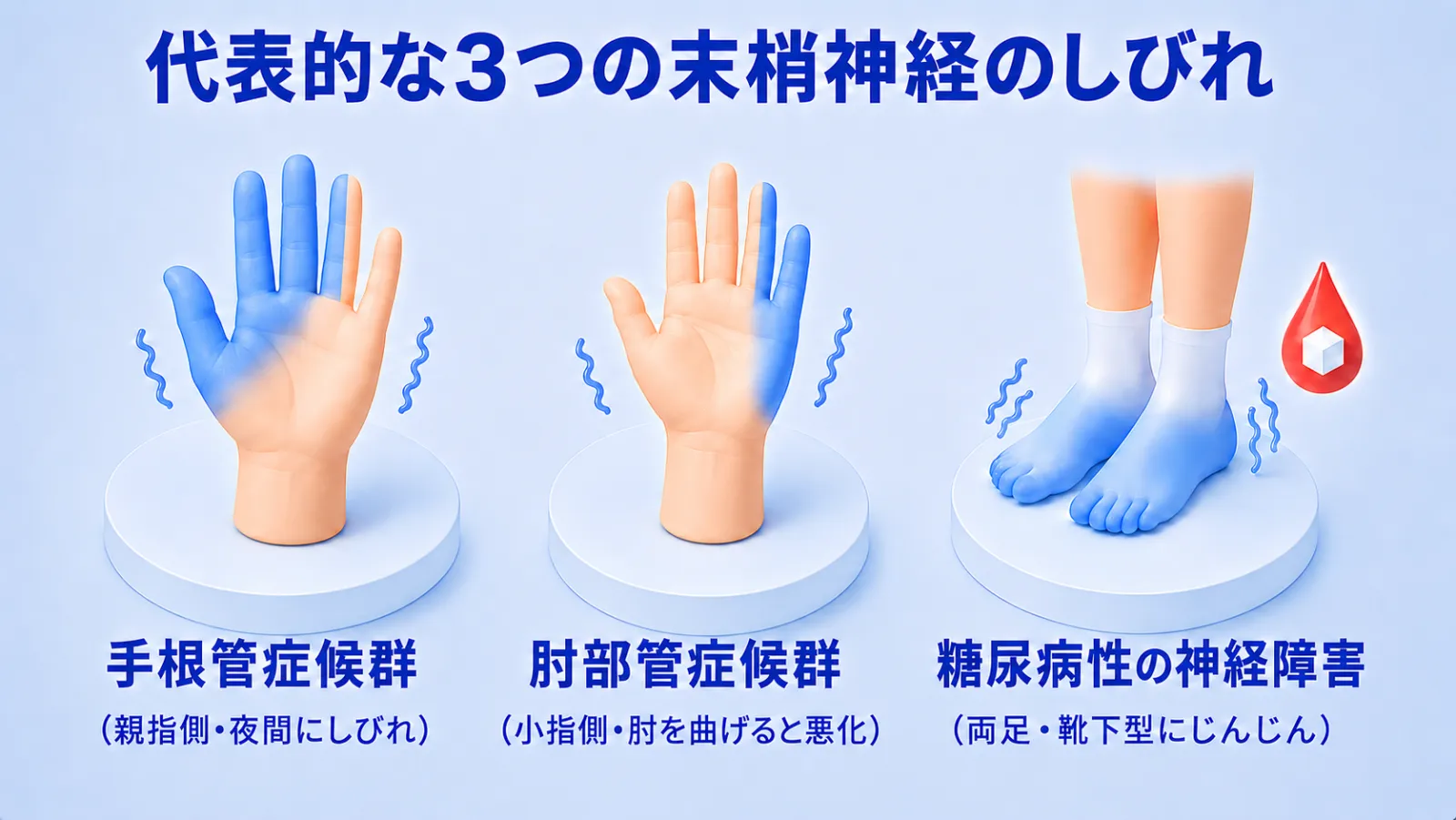 代表的な3つの末梢神経のしびれを並べた図解。左『手根管症候群』は手のひらを正面に向けた手で、親指・人差し指・中指と薬指の親指側半分が青くしびれ（親指側・夜間にしびれ）。中央『肘部管症候群』は同じ向きの手で、小指と薬指の小指側半分が青くしびれ（小指側・肘を曲げると悪化）。右『糖尿病性の神経障害』は両足が靴下型に青くしびれ、そばに血糖を示す血滴のマーク（両足・靴下型にじんじん）。