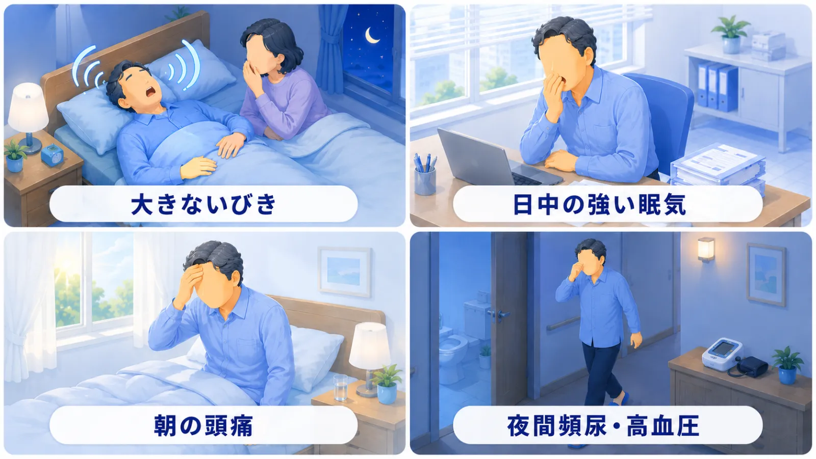 睡眠時無呼吸の代表的なサインを4区画で示す図。大きないびき・日中の強い眠気・朝の頭痛・夜間頻尿と高血圧。