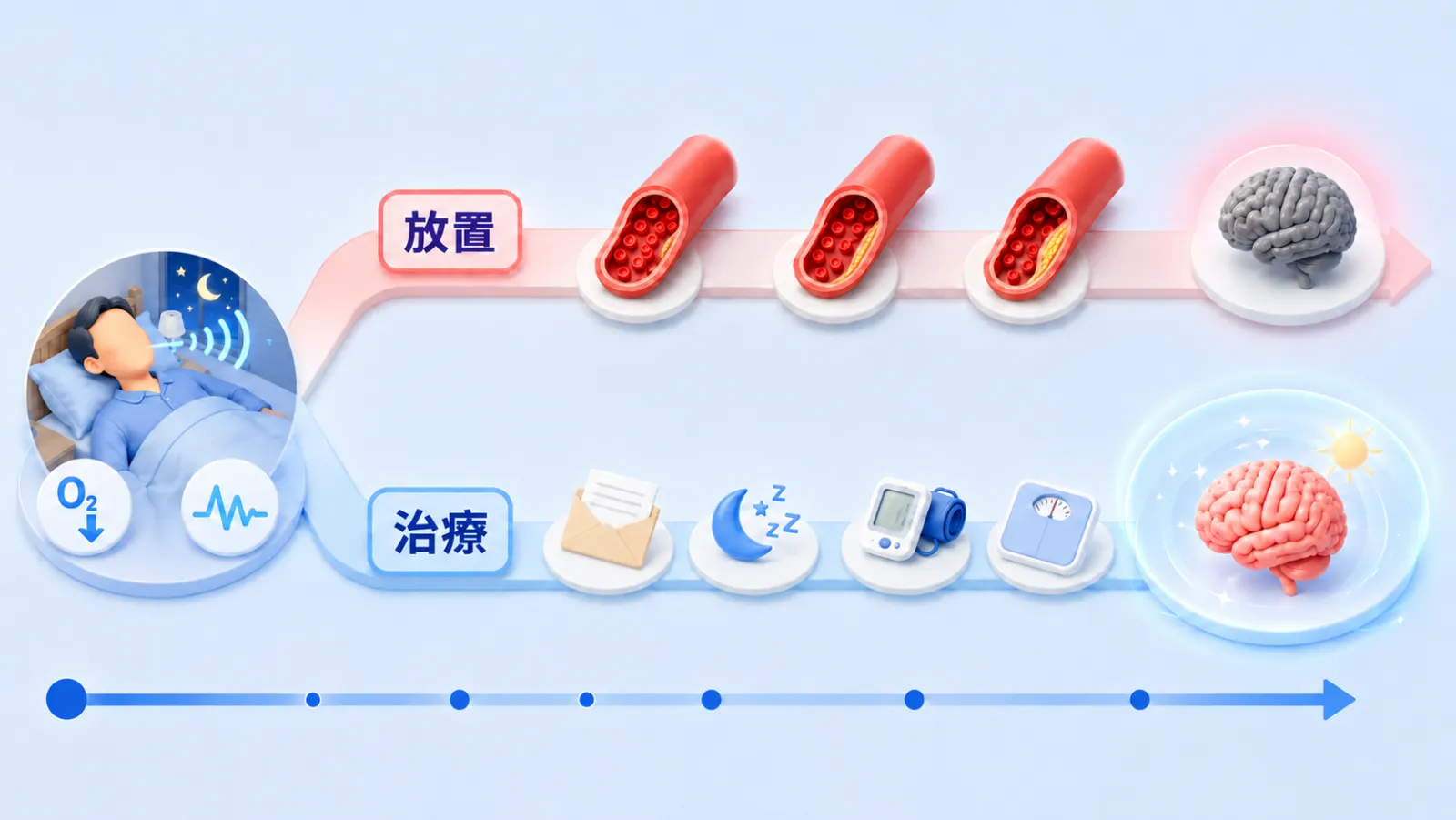 放置すると夜間の低酸素・血圧変動が血管に負担をかけ脳卒中につながる道と、気づいて治療すると脳を守れる道を対比した図。