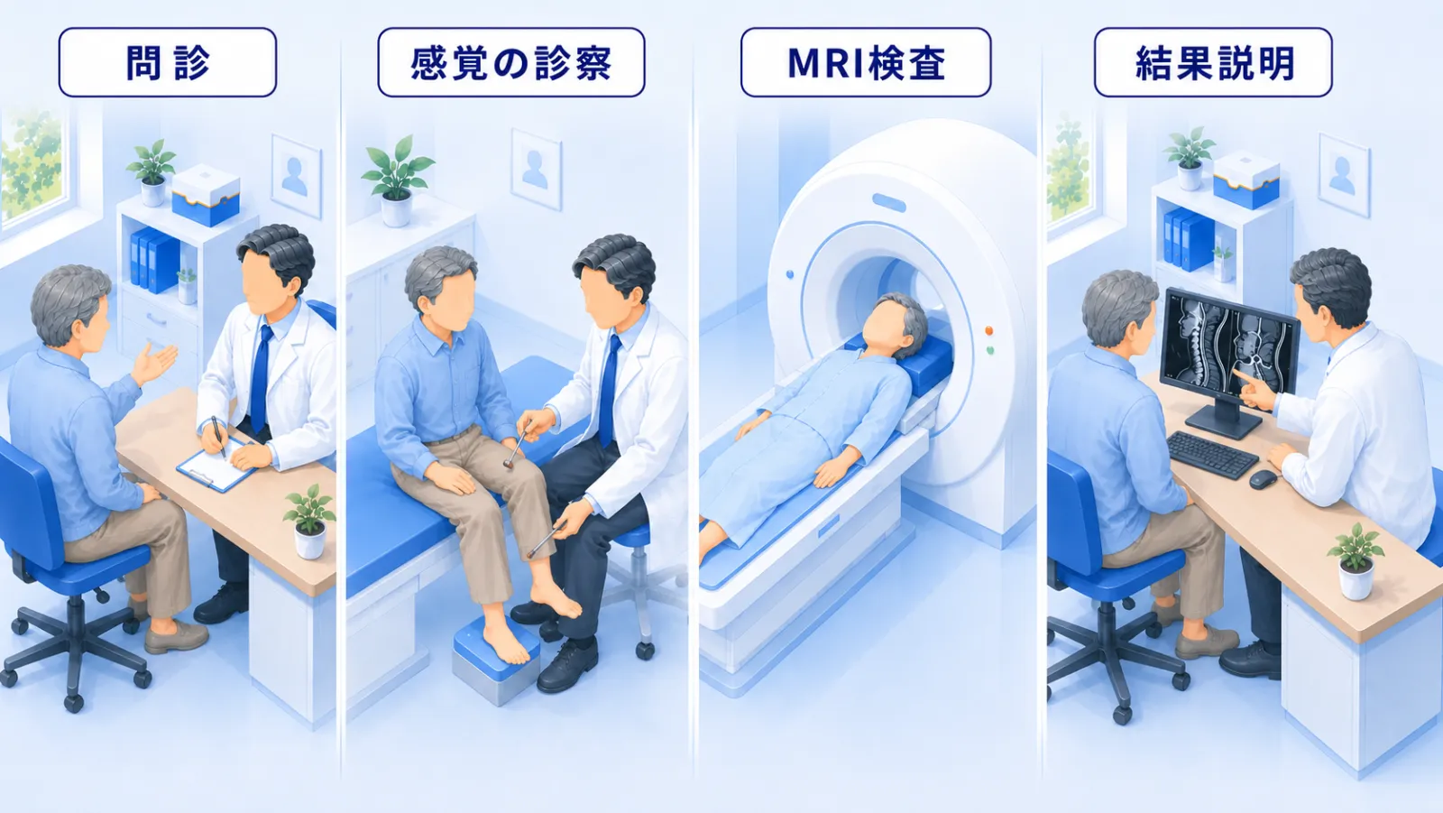 受診から診断までの流れを4場面で示したイラスト。①問診：机をはさんで50〜60代男性の患者と医師が向かい合い聞き取る。②感覚の診察：診察台に腰かけた患者の脚を医師が調べる。③MRI検査：患者が検査着でMRI装置に横たわる。④結果説明：机で患者と医師が並び、デスクトップ型モニターに首と腰の背骨のMRI画像を映して説明する。同じ男性が4場面を通して進む。