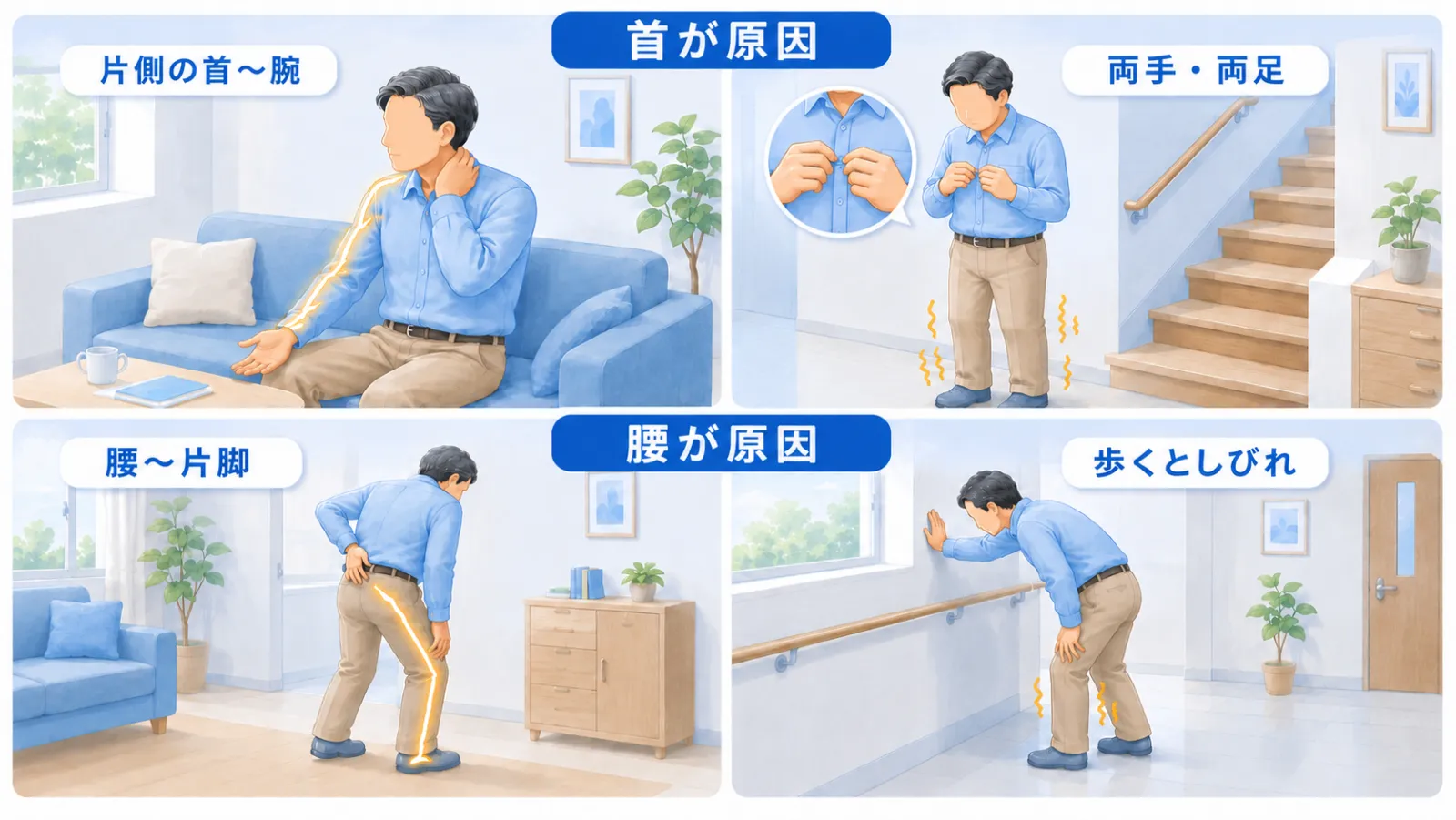 背骨が原因の代表的な4つのしびれ・脱力を姿勢で見分ける図。上段「首が原因」＝左は男性が首をひねって片側の首から腕にしびれ（片側の首〜腕）、右は両手でシャツのボタンを留めにくく足元もつっぱる（両手・両足）。下段「腰が原因」＝左は腰に手を当て片脚の裏にしびれ（腰〜片脚）、右は歩いて立ち止まり壁に手をついて前かがみで楽になる（歩くとしびれ）。