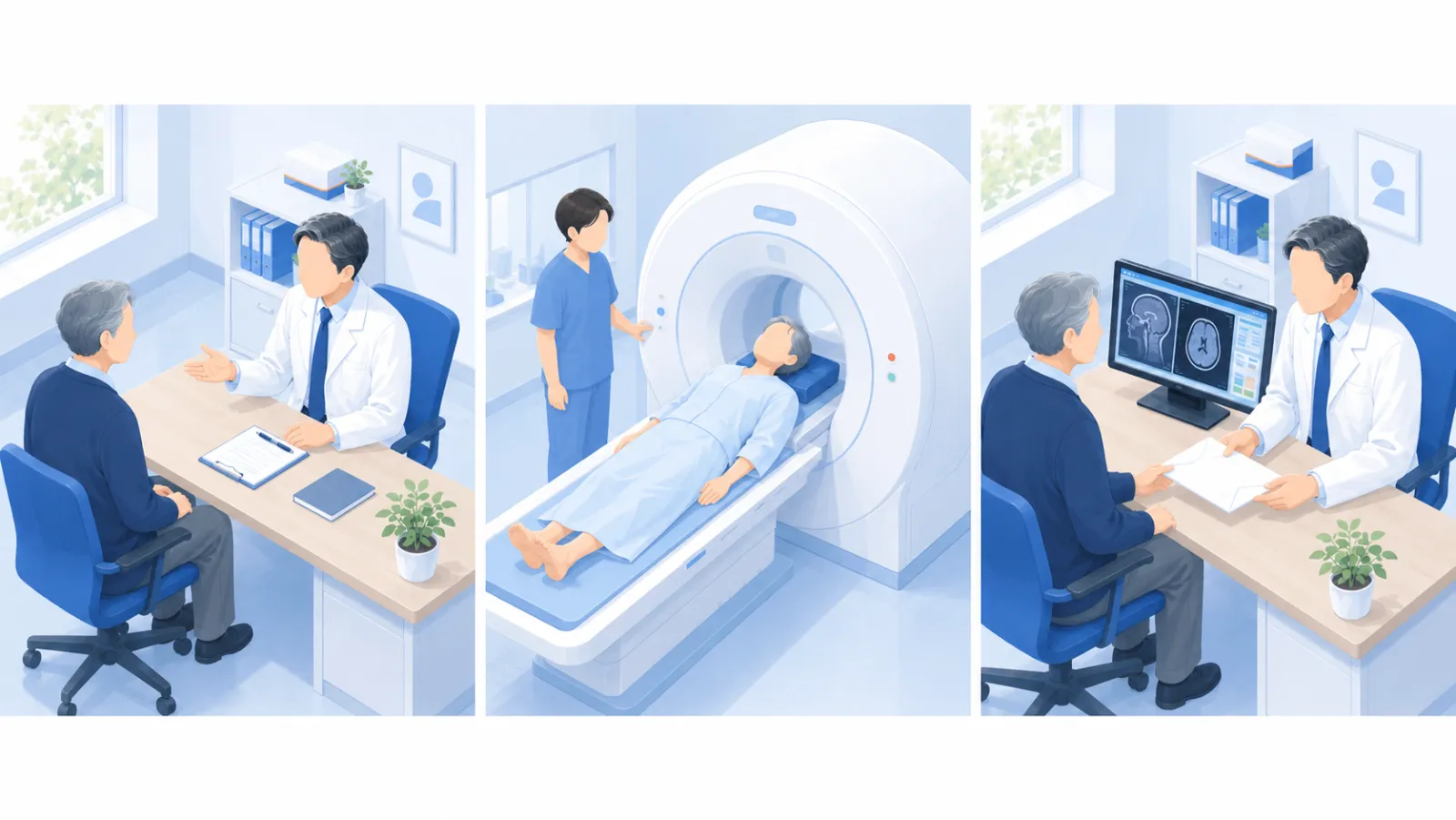 当院を受診する流れを3場面で示したイラスト。①診察室で問診・神経学的診察、②MRI検査、③MRI画像を一緒に見ながら医師が紹介状を渡し連携病院へつなぐ、と左から右へ進む。