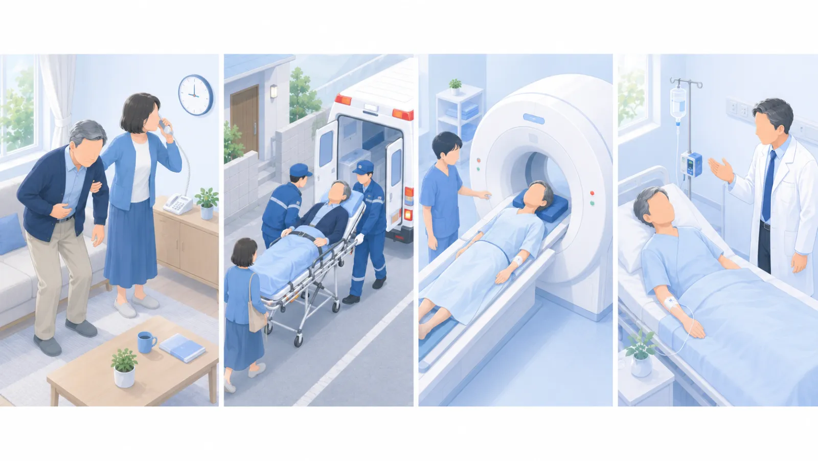 超急性期（119）の流れを4場面で示したイラスト。①自宅で発症し家族が119に電話、②救急車で搬送、③病院でCT・MRI検査、④点滴による治療、と左から右へ進む。