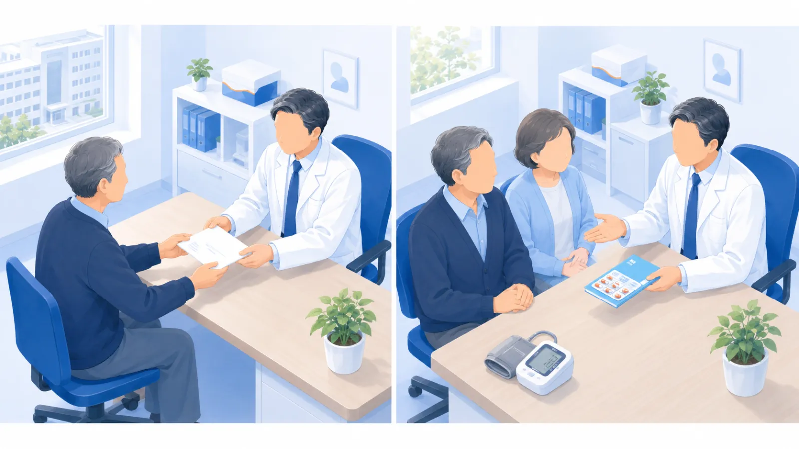 当院の2つの役割を左右で示したイラスト。左＝入口：診察室で医師が紹介状を渡し連携病院へつなぐ。右＝出口：退院後に再発予防薬や血圧管理で長期的にフォローする。