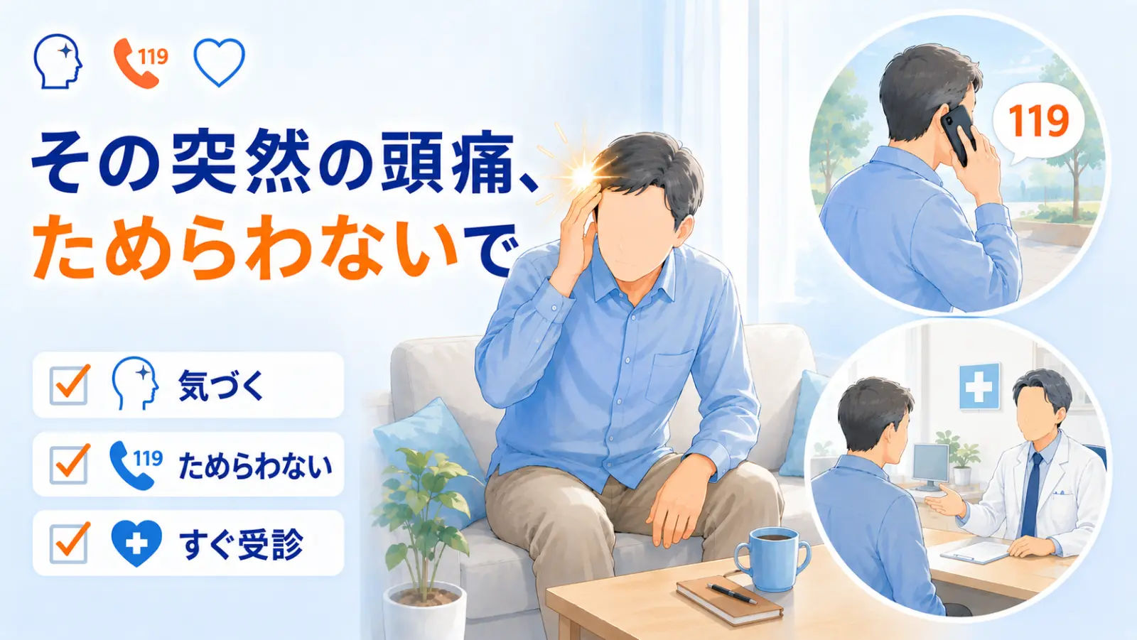 くも膜下出血のページ冒頭イラスト。「その突然の頭痛、ためらわないで」の見出しとともに、ソファで突然の激しい頭痛に気づき頭に手を当てる人を中央に描く。右側に対応の2パターン＝①スマホで119番に救急要請する場面、②クリニックで男性医師が患者に検査・受診の流れを説明する場面を示し、左下に『気づく・ためらわない・すぐ受診』の3つの行動を添えている。