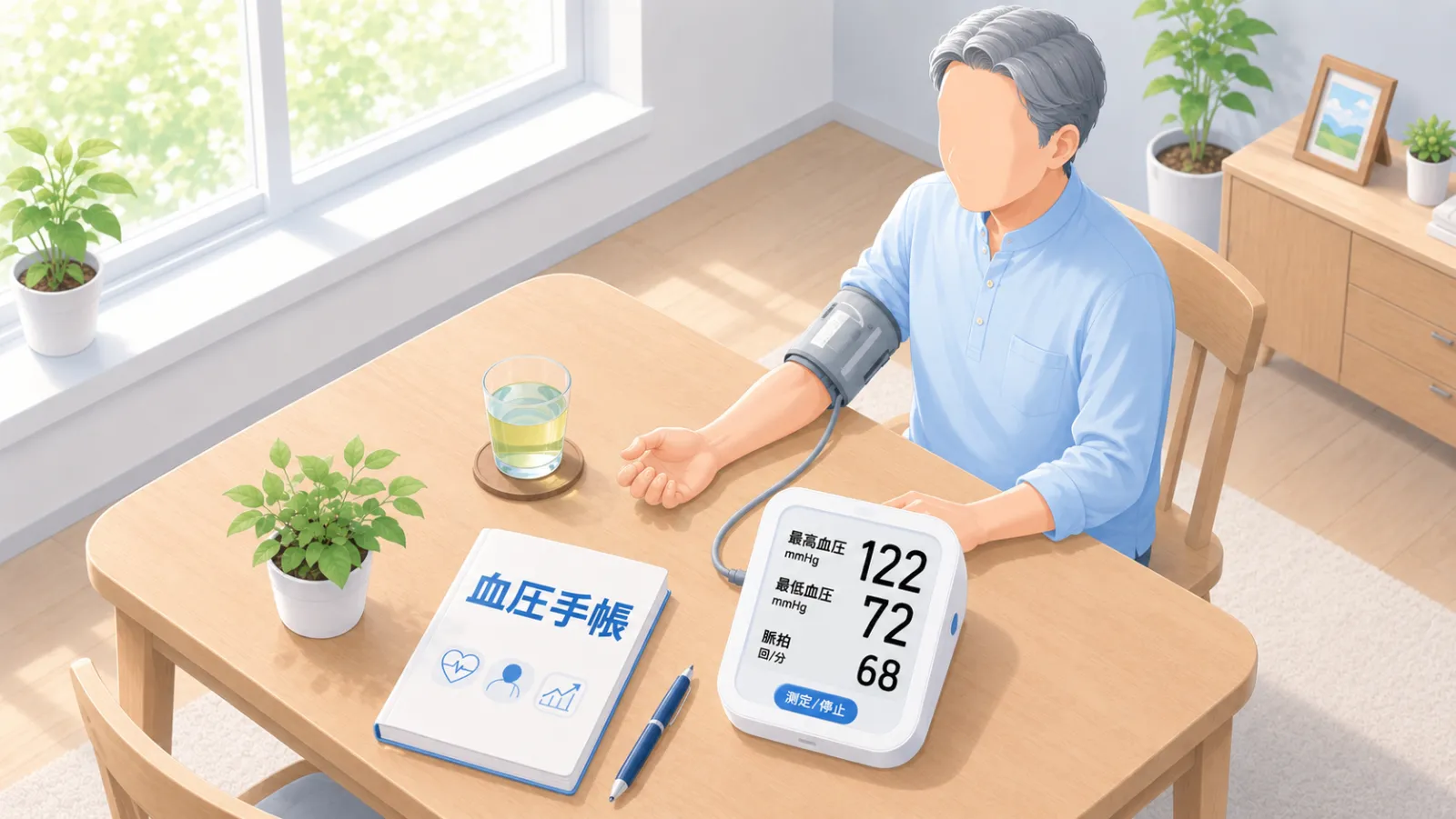 くも膜下出血の予防として生活を整える前向きな日常を描いたイラスト。自宅のダイニングで腕に血圧計を巻いて血圧を測る人物と、テーブルに置かれた血圧手帳、お酒ではなくお茶のグラスを描き、血圧管理と節酒など健康的な習慣を示す。