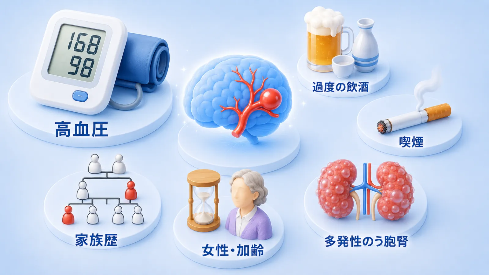 くも膜下出血の危険因子をまとめた図。中央に脳と脳動脈瘤を置き、まわりに高血圧（血圧計）、喫煙（タバコ）、過度の飲酒（お酒）、血のつながった家族にくも膜下出血や脳動脈瘤の人がいる（家系図）、多発性のう胞腎などの体質、女性・加齢を配置している。対処できるリスクと、変えられない体質のリスクを示す。