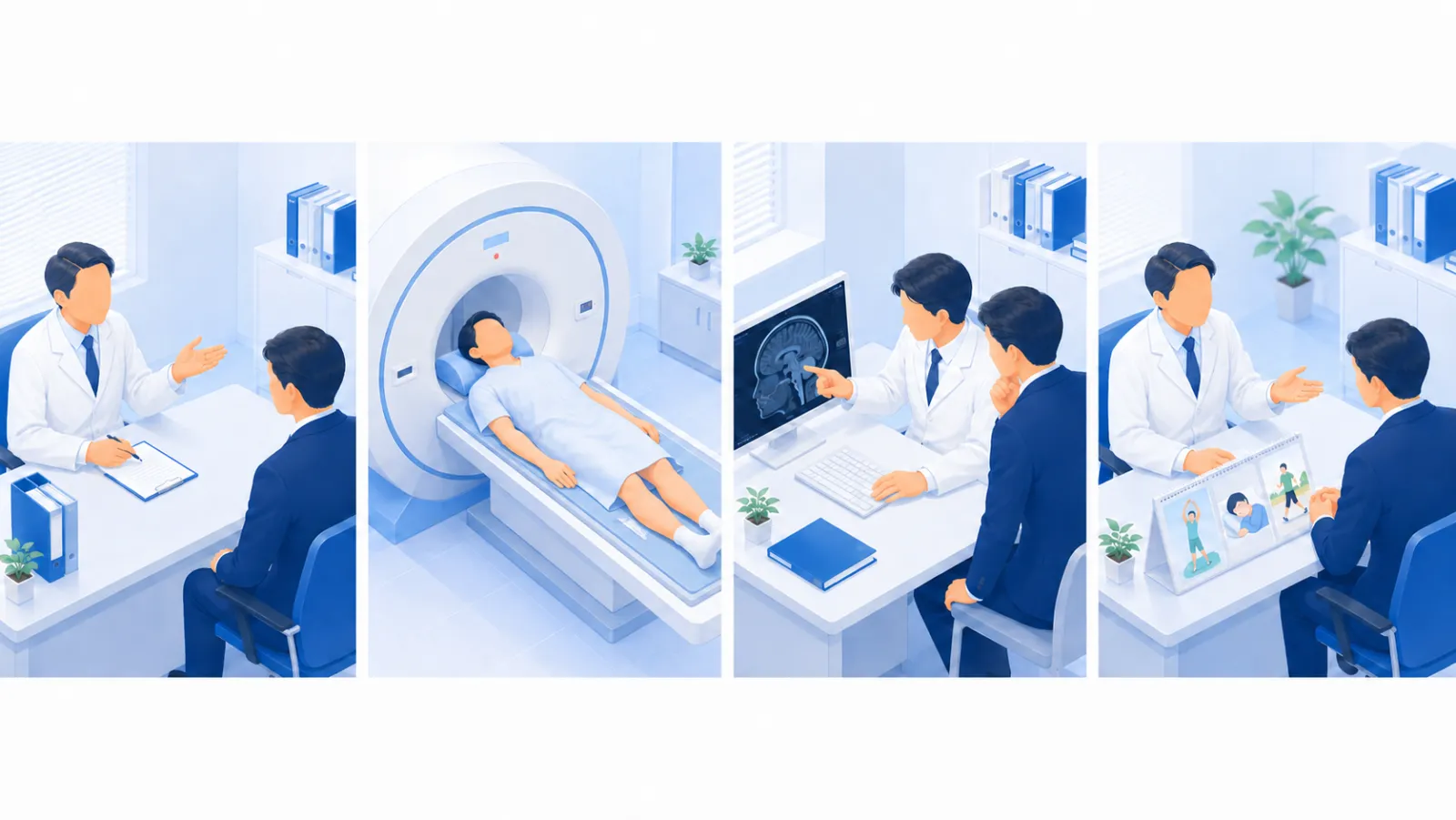 受診から診断までの4つの場面を左から右へ並べたイラスト。問診、MRI検査（検査着姿）、診察室の電子カルテでの結果説明、生活指導と治療方針の順に、同じご本人が進んでいく。