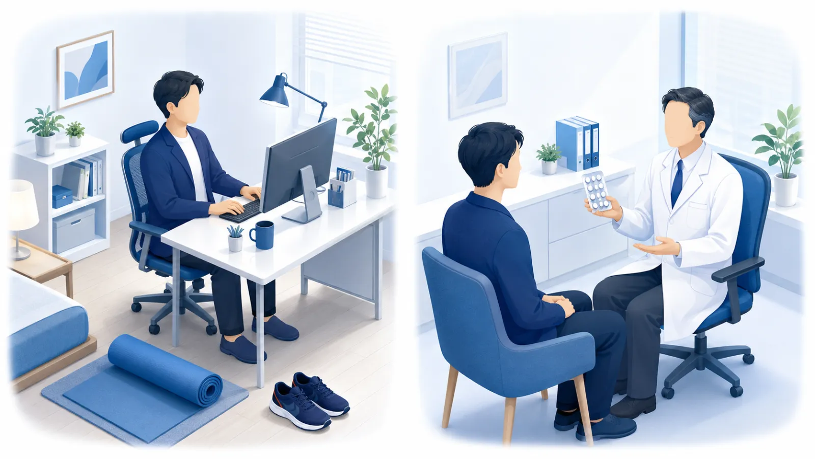 緊張型頭痛の予防を「生活改善」と「予防薬」の2本柱で表したイラスト。左は良い姿勢でデスクに向かい、ヨガマットやウォーキングシューズで運動・睡眠の習慣を整える生活改善。右は診察室で医師が予防の飲み薬を示して説明している。