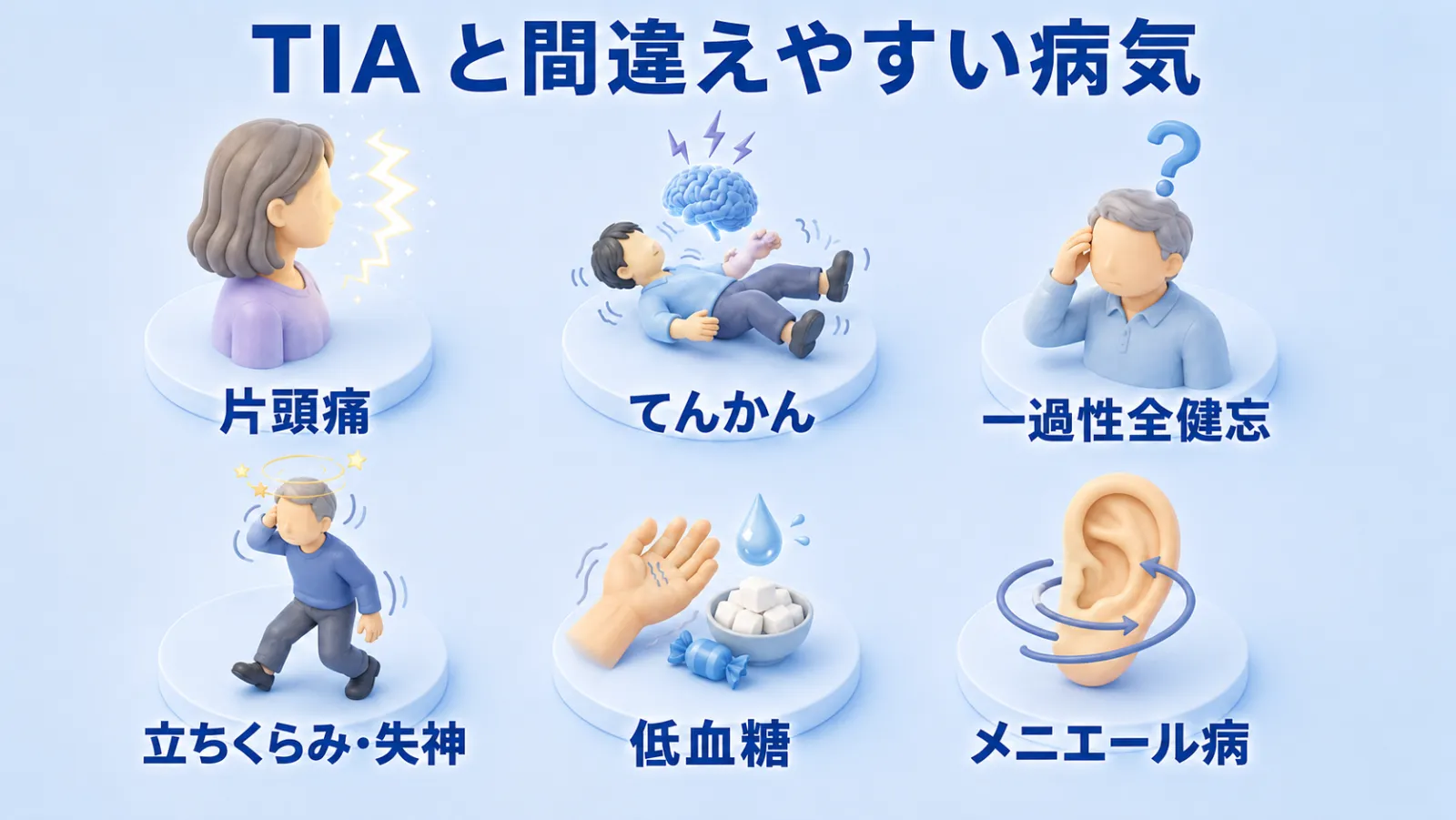 TIA と間違えやすい6つの病気をアイコンで並べた図。前兆のある片頭痛、てんかん、一過性全健忘、立ちくらみ・失神、低血糖、メニエール病。いずれも TIA と症状が似ており、診察と検査で見分ける必要がある。