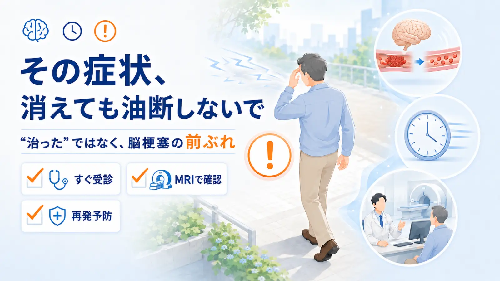 TIA（一過性脳虚血発作）のページ冒頭イラスト。「その症状、消えても油断しないで」の見出しとともに、片方の手足の脱力・言葉の出にくさ・片目が一瞬カーテンのように見えなくなる一過性黒内障といった、短時間で消える一時的なサインを描いている。TIAは脳梗塞の前触れであることを示す。