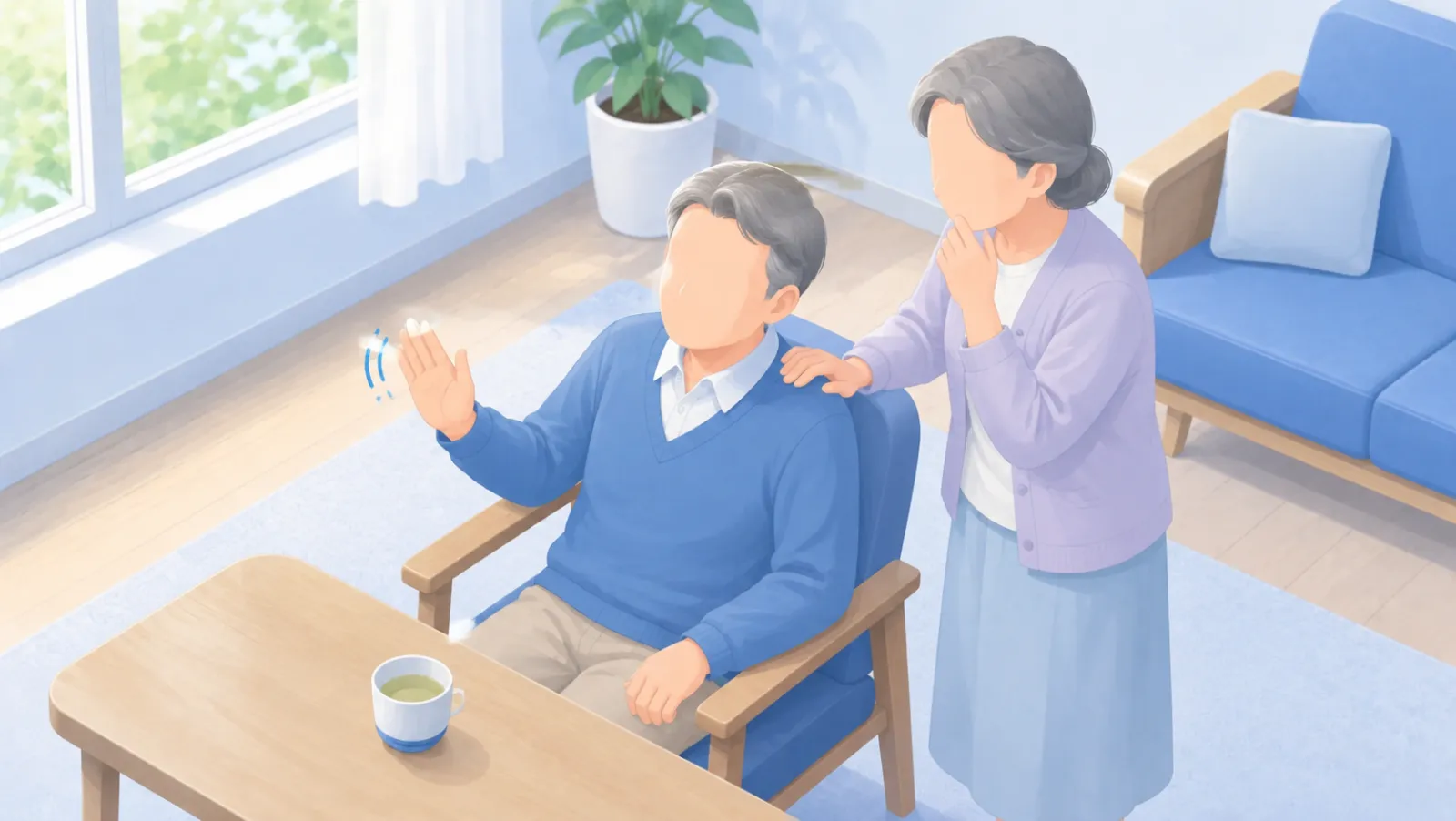 TIA の症状が消えた直後の様子を描いたイラスト。自宅の居間で、片手を軽く振って「もう平気」と油断するご本人と、肩にそっと手を添えて気づかわしげに見守る配偶者。症状が消えても油断は禁物であることを示している。