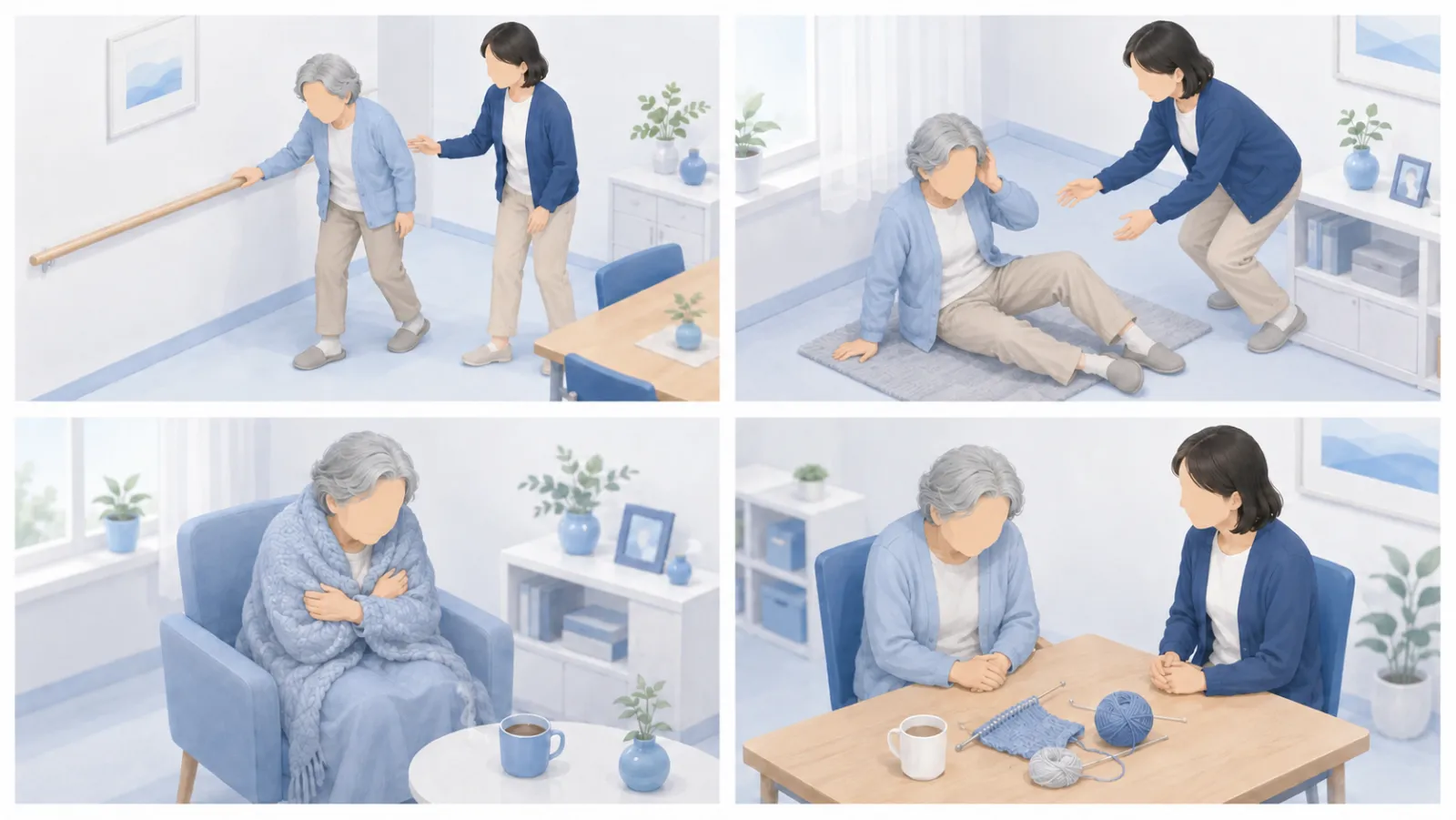 治せるもの忘れに気づく代表的なサインを4つの場面で見くらべたイラスト。歩き方の変化を家族が支える、転んで頭をぶつけた直後に床に座り込む、寒がってひざ掛けにくるまる、急に意欲が落ちて趣味の手仕事に手をつけない、の4場面。