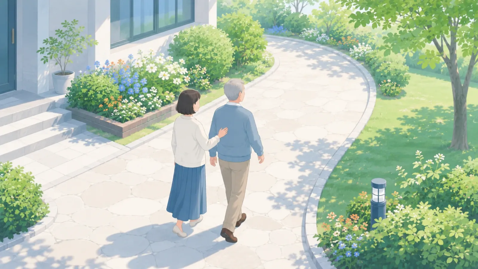 治療を経て日常を取り戻したご本人のイラスト。初老〜高齢のご本人がしっかりした足取りで散歩や庭の手入れなどを穏やかに楽しみ、傍らで家族が寄り添って見守っている。治療で歩行や認知機能が回復した前向きな場面。