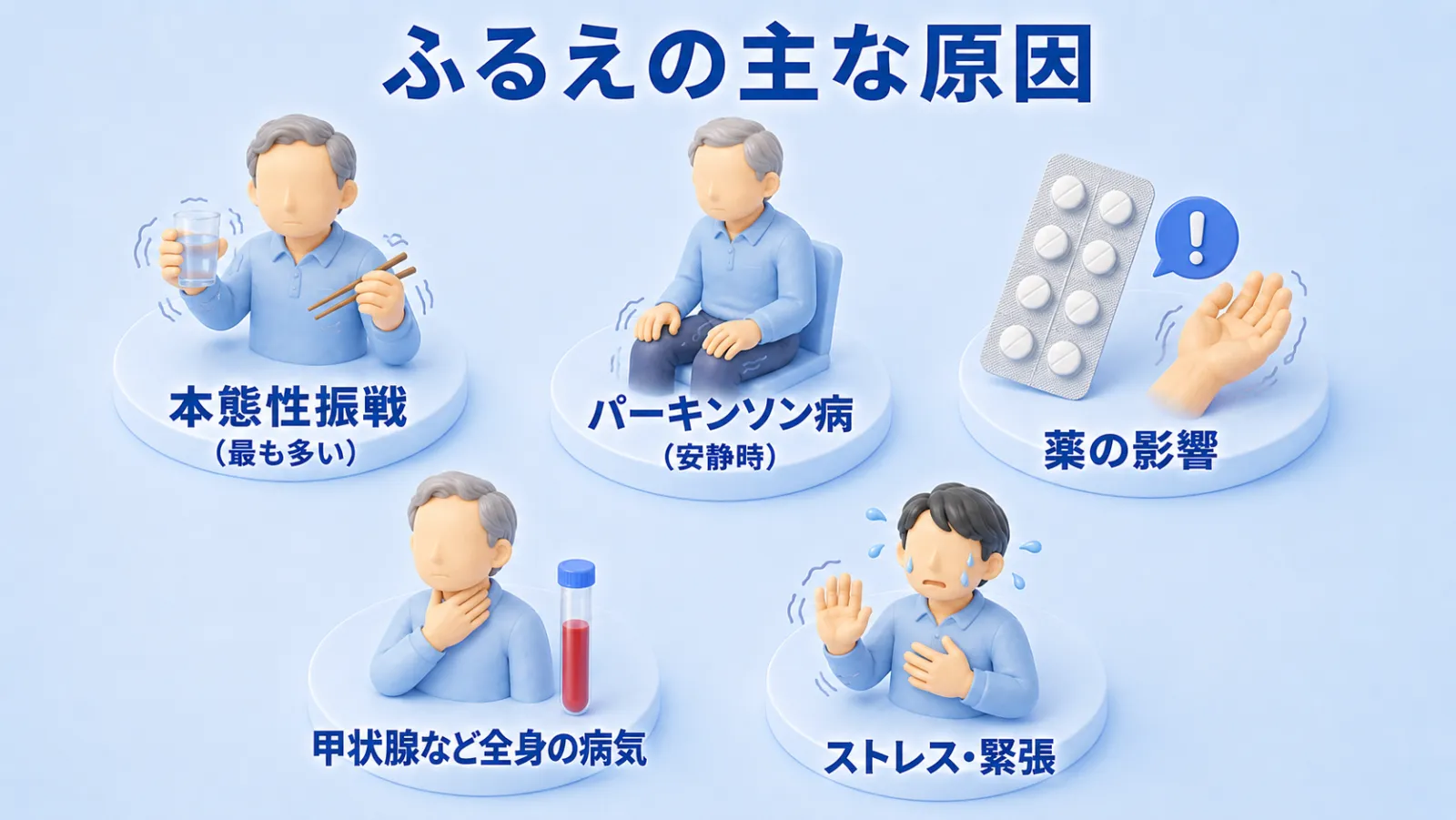 ふるえの主な原因を5つのアイコンで並べた図。本態性振戦（最も多い・動作のときにふるえる）、パーキンソン病（安静時にふるえる）、薬の影響、甲状腺など全身の病気、ストレス・緊張。原因によって対応が変わることを示している。