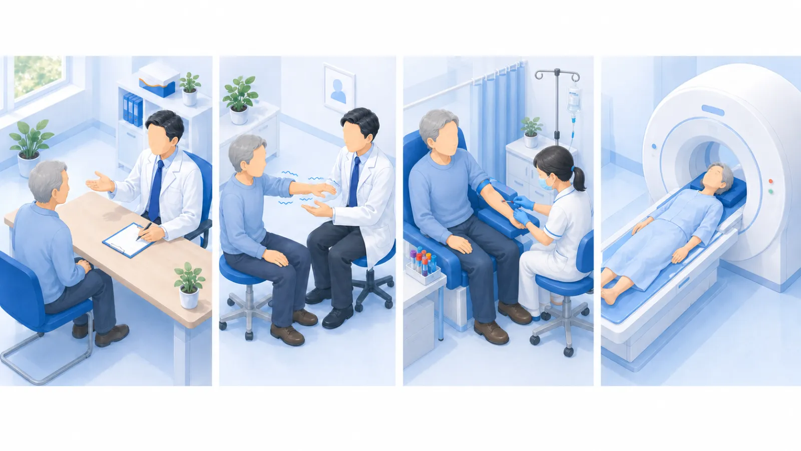 ふるえの受診から診断までの流れを左から右に4場面で並べたイラスト。問診、医師が手・腕の動きを見るふるえの診察、女性看護師による血液検査（甲状腺など）、必要に応じた頭部MRIの画像検査の順に、同じ男性が進んでいく。
