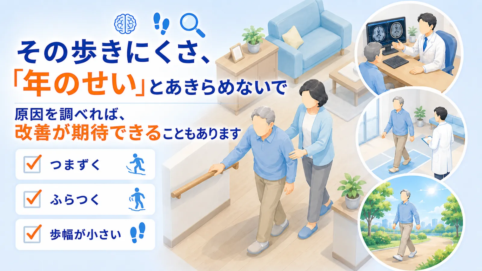 つまずく・ふらつく・歩幅が小さいといった歩きにくさを「年のせい」とあきらめず、原因を調べれば改善が期待できることを伝えるページ冒頭イラスト。